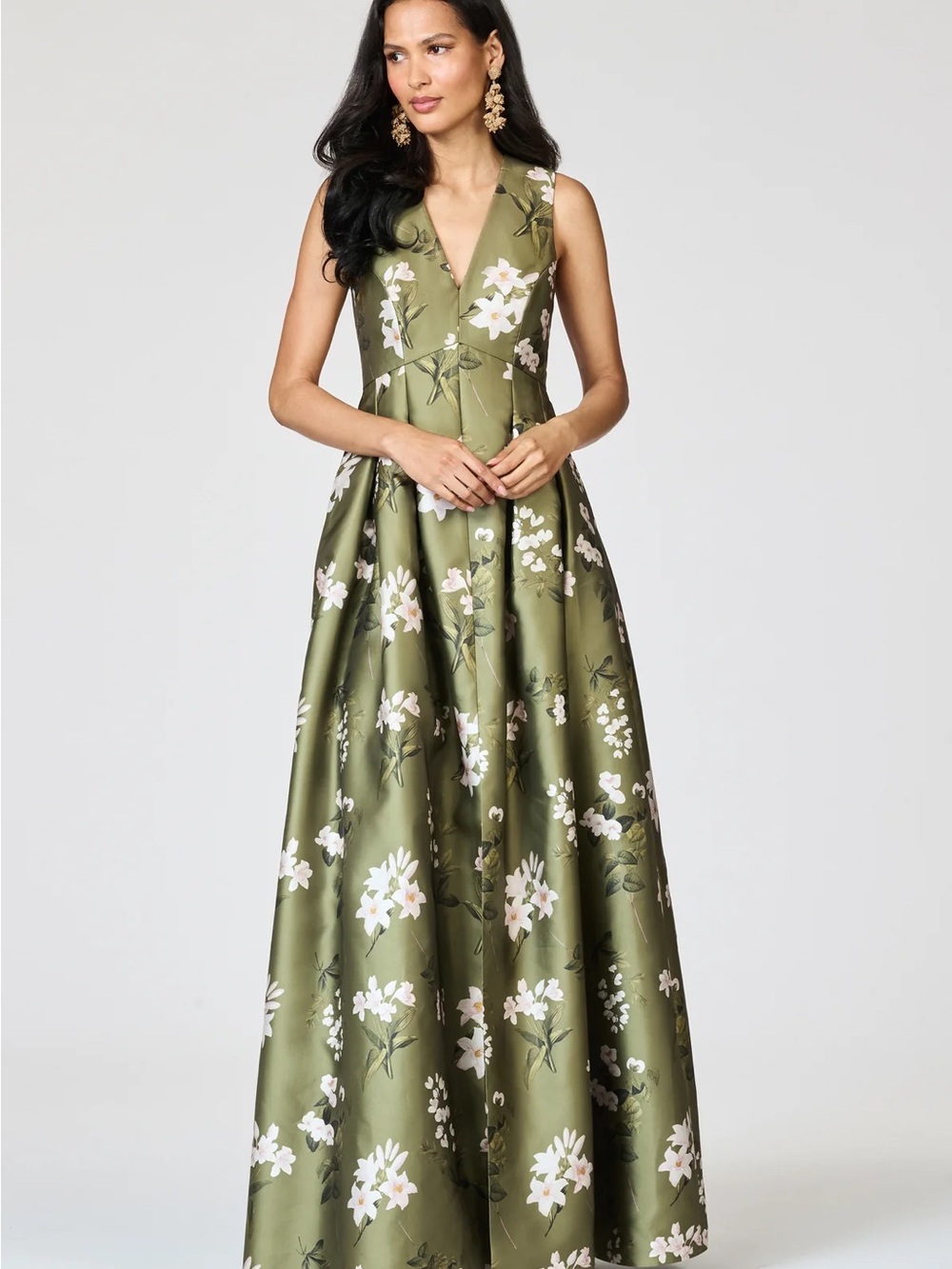 Sachin & Babi Sz 4 Moss Formosa Olive Green Floral V-Neck Maxi Dress Brooke Gown - Picture 2 of 4